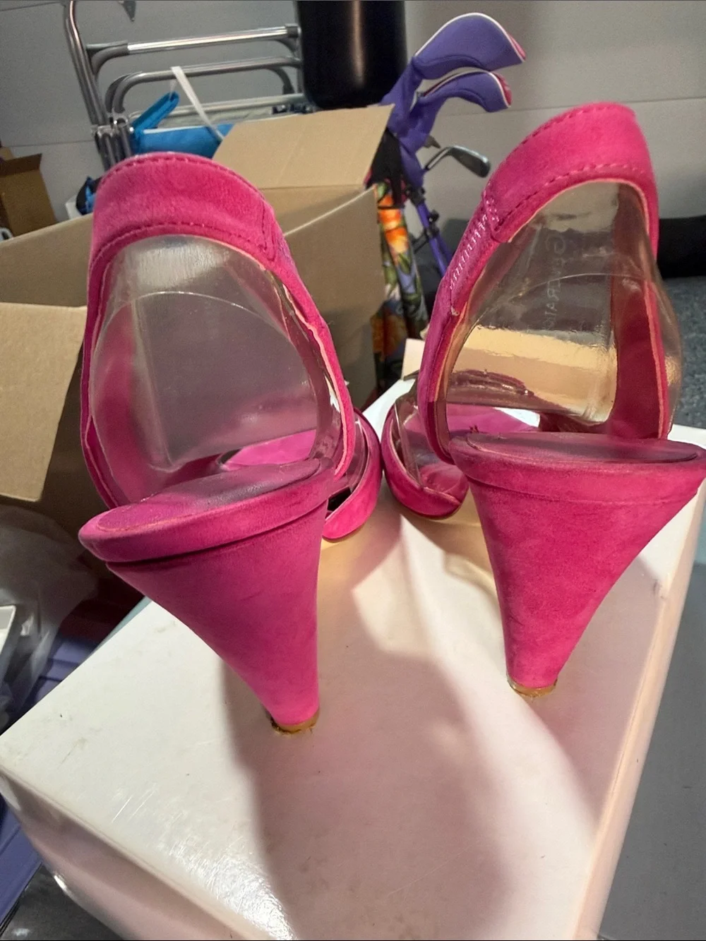 BCBGeneration Fuchsia Open-Toe Heels with Yellow Gem Accent